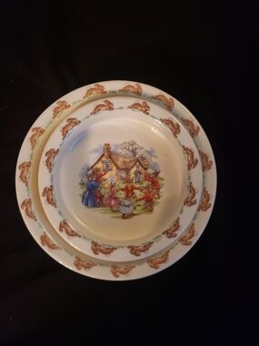 Children's Vintage Bunny Rabbit Accent Bowl and Plate Set - White with Brown